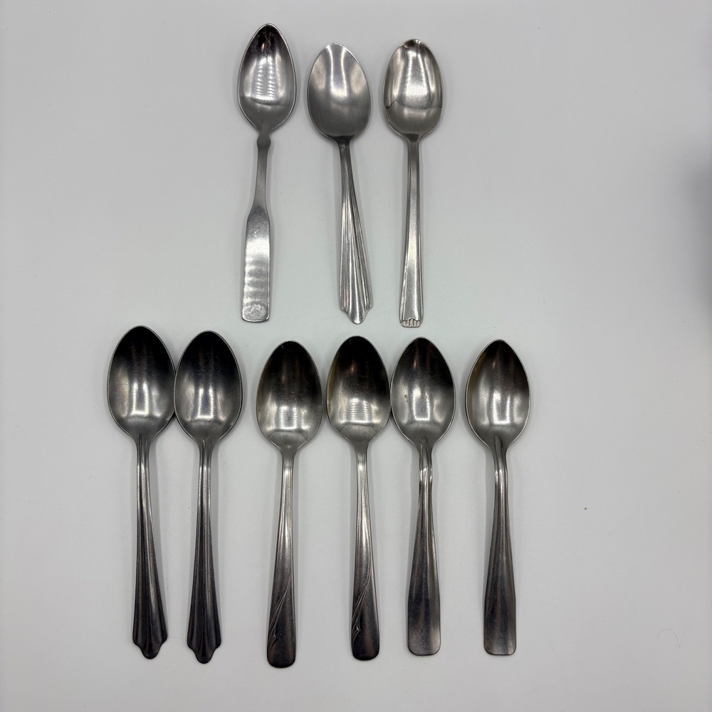 Mixed Brand Stainless Steel Teaspoons Lot of 9 Oneida Rogers Atlas Silver 6in